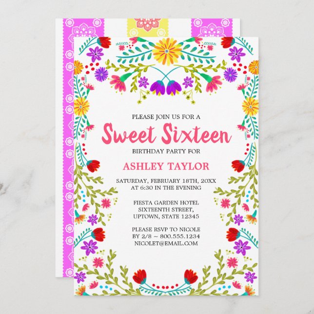 Vita mexikanska Fiesta FolArt Blommigt Sweet sixte Inbjudningar (Fram/baksida)