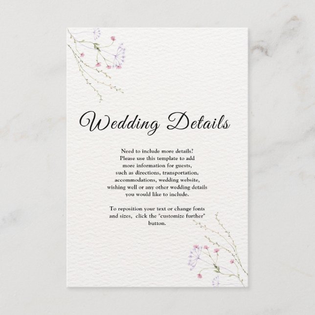 Vita minimalistiska akvarellblommor bröllop tilläggskort (Framsida)