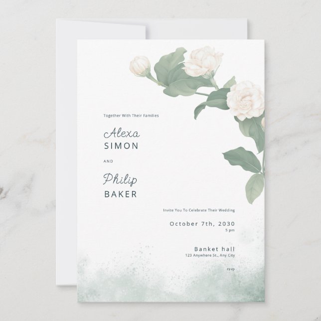 Vita minimalistiska Jasminum blommor Illustrat Inbjudningar (Framsida)
