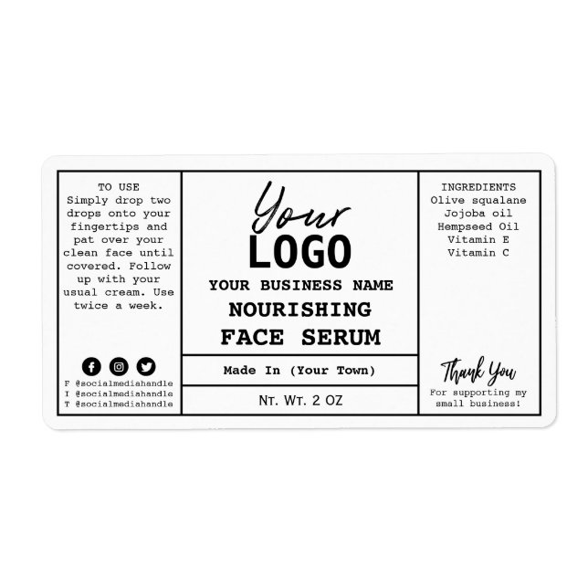 Vita minimalistiska serumetiketter fraktsedel (Framsidan)