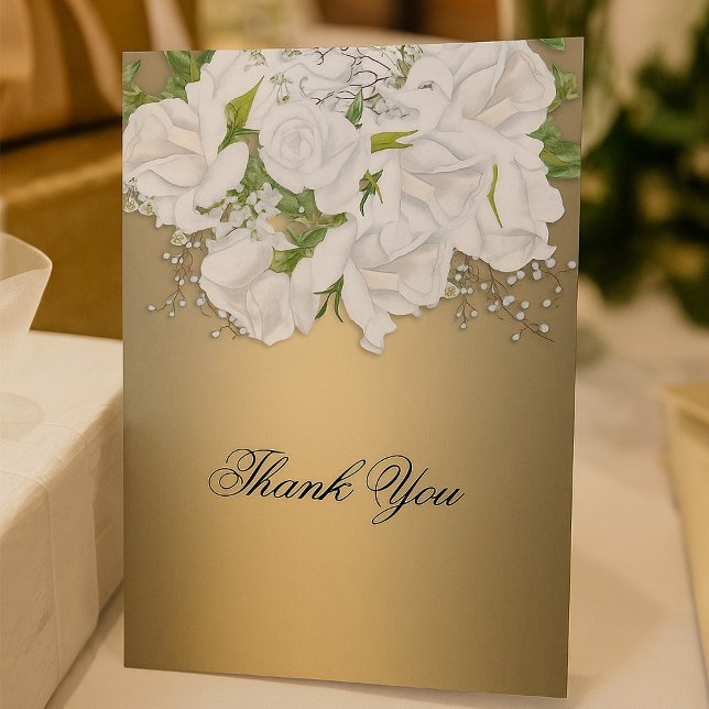 Vita Möhippan Bukett med rosor, Guld Bröllop Tack Kort (White Bridal Rose Bouquet Gold Wedding Thank You Card by the Elegant Wedding)