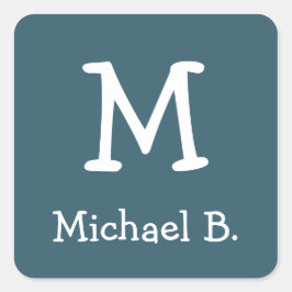 Vita Monogram och Namn på blå rundade fyrkant Fyrkantigt Klistermärke