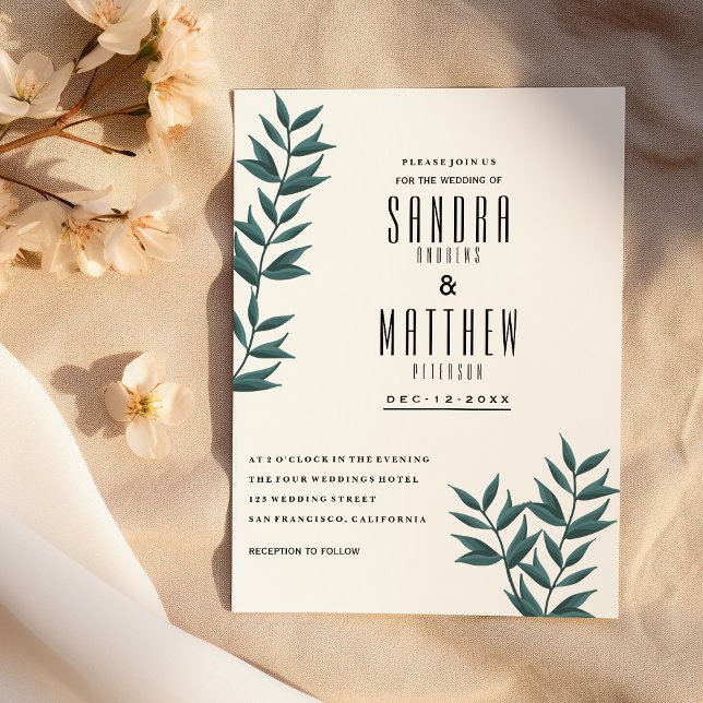 Vita mörk grönt vattenfärgen löv blommigt Bröllop Inbjudningar (White dark green watercolor leaves floral Wedding )