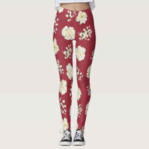 Vita nejlikblommor på rött mönster leggings