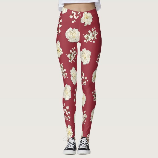 Vita nejlikblommor på rött mönster leggings (Framsida)