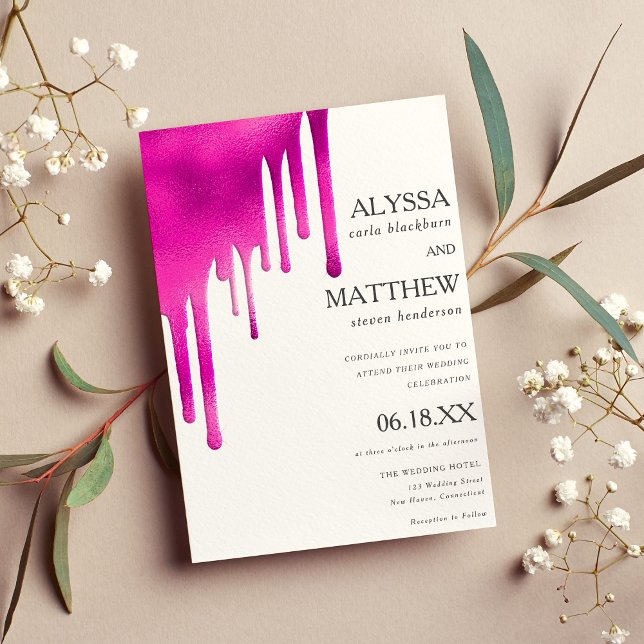 Vita, nyare vattenfärgade övertoningsdroppar i ros inbjudningar (White neon pink watercolor gradient drips wedding)