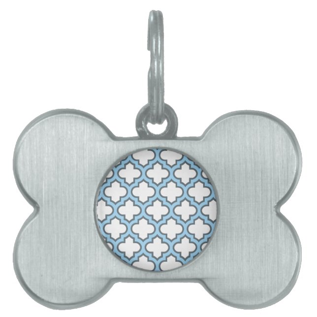 Vita och Baby blue trellis, Lattice, Quatrefoil ID-bricka Husdjur (Framsidan)