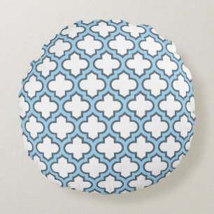 Vita och Baby blue trellis, Lattice, Quatrefoil Rund Kudde