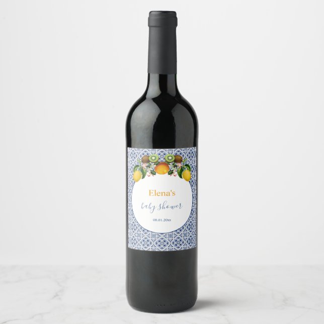 Vita och blå Amalfi Lemons Italien Babykläder Vinflaska Etikett (Framsida)