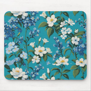 Vita och blå blommor med teal bakgrund Blommig Musmatta