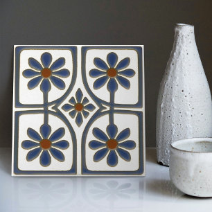 Vita och blå Daisy Art Deco Wall Decor Nouveau Kakelplatta