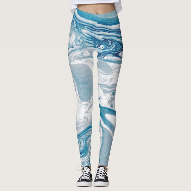 Vita och blå faux marble Modern Leggings (Framsida)