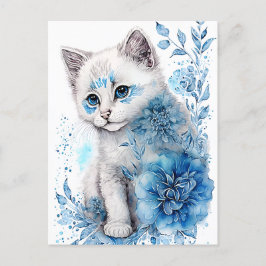 Vita och blå Kitten med blommor Vykort
