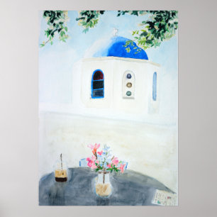 Vita och blå Santorini-kyrkan Poster