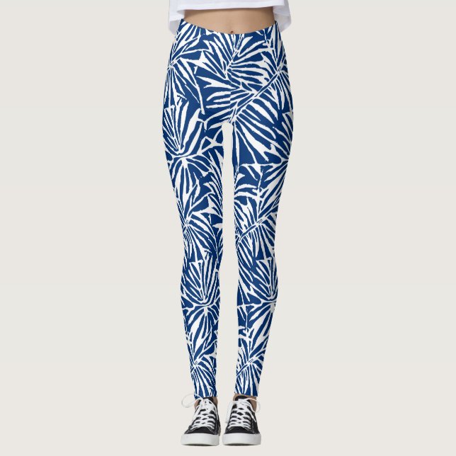 Vita och blå Tropiska Löv repeterande Mönster Leggings (Framsida)