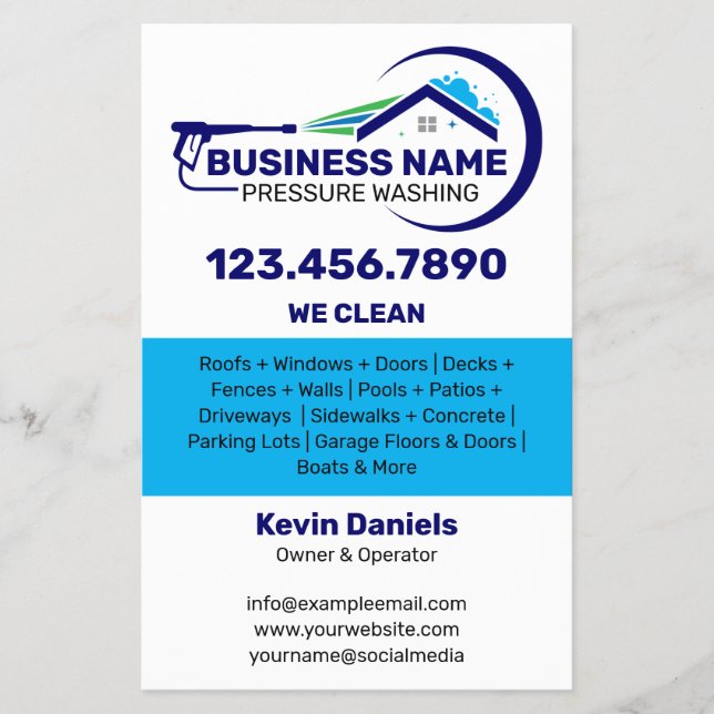 Vita och Blå Trycktvättstjänster Flygblad (Framsidan)