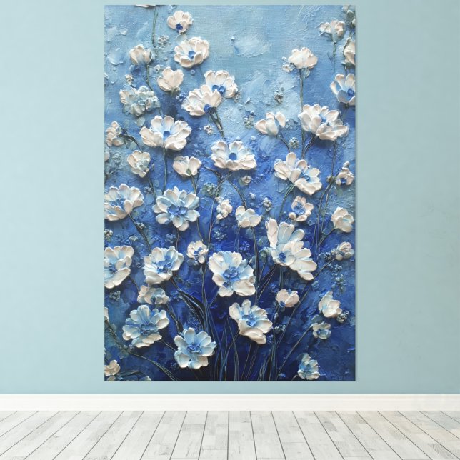 Vita och blåa blomster på rik blå abstrakt vägg canvastryck (Insitu (trägolv))