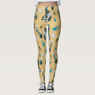 Vita och blåa grönten Royal-Peacocks på Guld Leggings