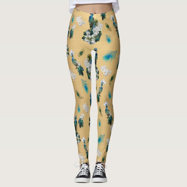 Vita och blåa grönten Royal-Peacocks på Guld Leggings (Framsida)