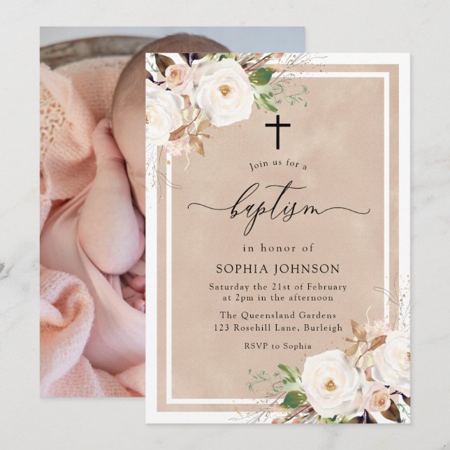 Vita och  blommor Flicka Fotodobaptism Inbjudningar (Fram/baksida)