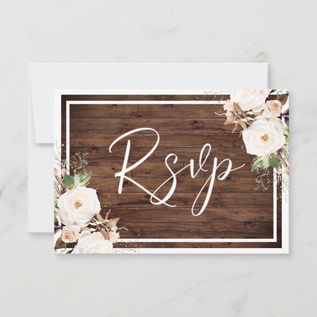 Vita och  blommor Rustic Wood Bröllop OSA Kort (Framsida)