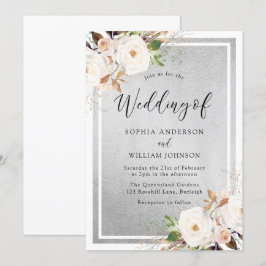 Vita och  blommor Silver Elegant bröllop Inbjudningar