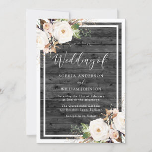 Vita och  blommor Träkol Rustic Wood Bröllop Inbjudningar