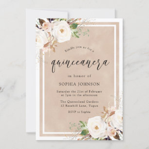 Vita och blommor Vattenfärg Quinceanera Party Inbjudningar