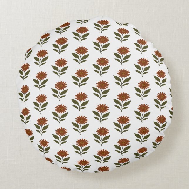 Vita och bruna blomster boho  rund kudde (Baksidan)
