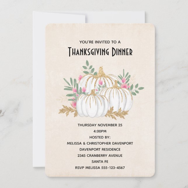 Vita och förgyllda pumpa akvarell Thanksgiving Inbjudningar (Framsida)