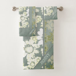 Vita och Grått Blommigt Snöre Monogram Bath Towels