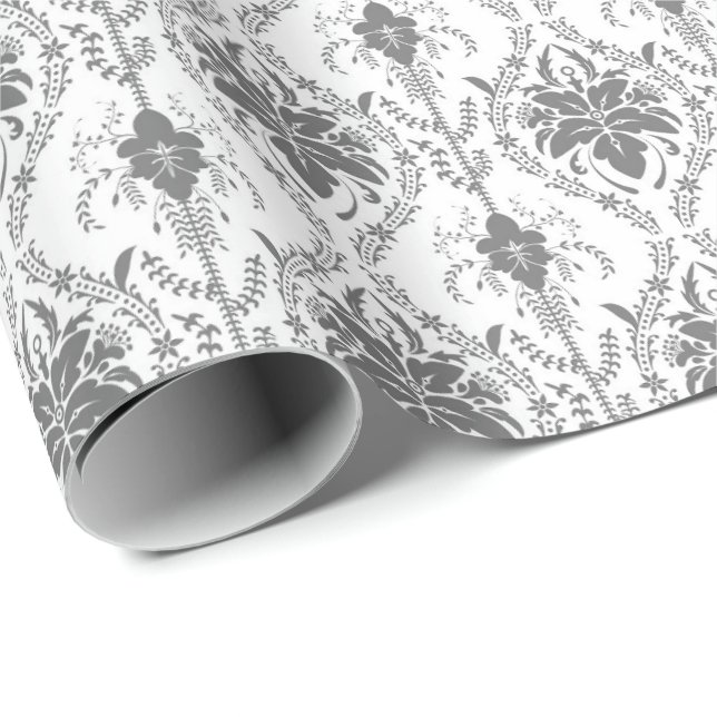 Vita och grått Damask-öppningen mönster Presentpapper (Rullad Hörn)