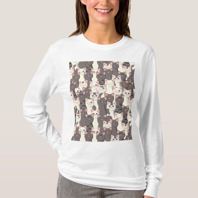 Vita och grått katter mönster t shirt (Framsida)