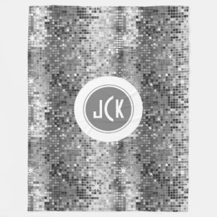 Vita och Grått Retro Disco-Boll Glitter Monogram Fleecefilt