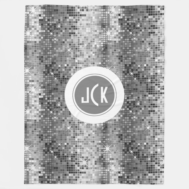 Vita och Grått Retro Disco-Boll Glitter Monogram Fleecefilt (Framsidan)