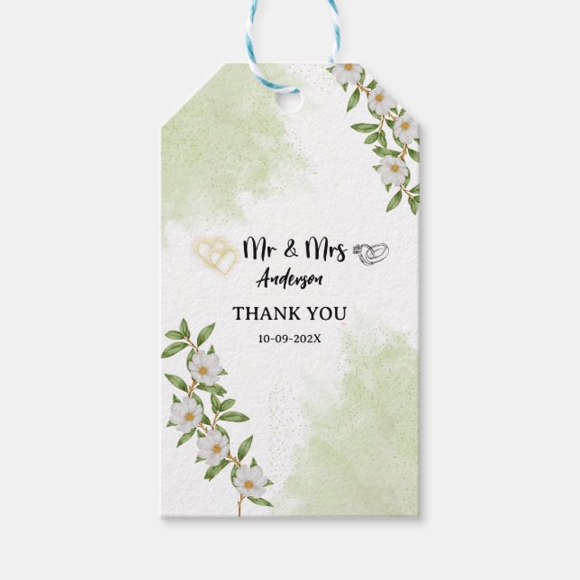 Vita och gröna blomsterakvarell Mr och Mrs Presentetikett (Framsidan)