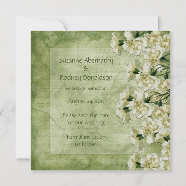 Vita och gröna nejlikor Spara datumet (Framsida)