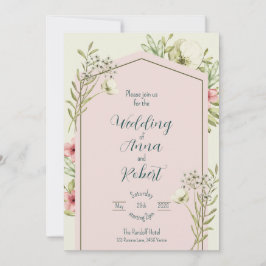 Vita och Grönt Wildblommor Geometric Bröllop Inbjudningar