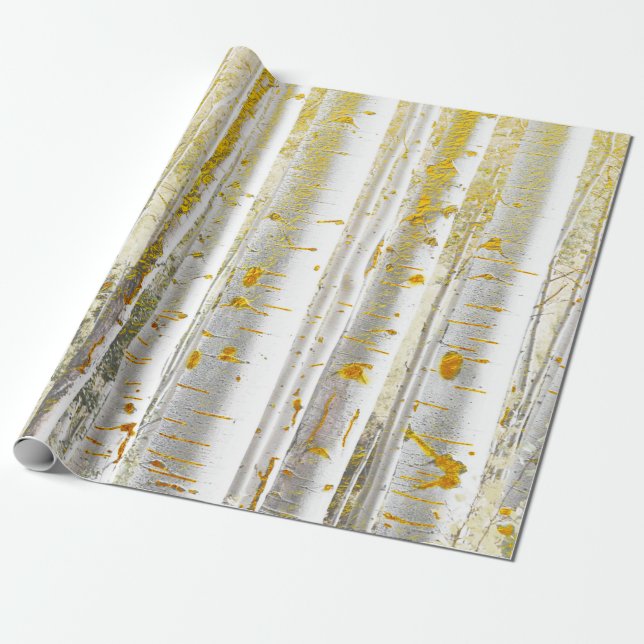 Vita och Guld Birch Träd Presentpapper (Utrullad)
