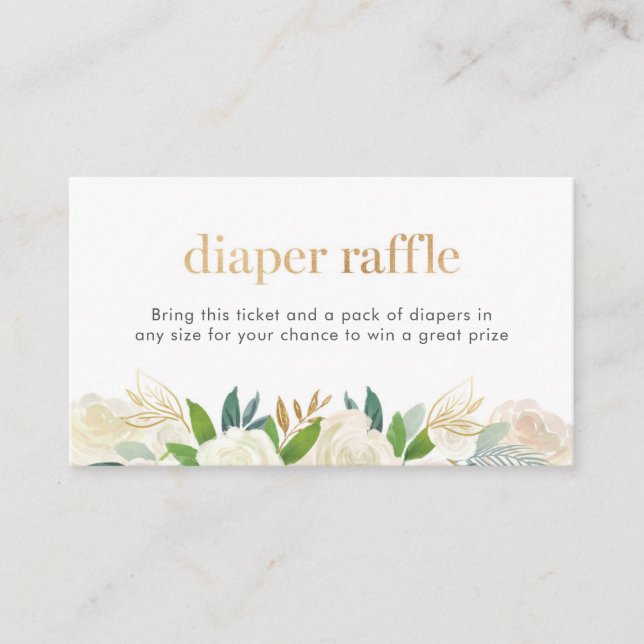 Vita och guld blommigt Diaper Raffle biljett Tilläggskort (Framsida)