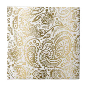 Vita och Guld Blommigt Snöre Paisley 3 Kakelplatta