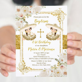Vita och Guld Blommigt Twin Girl Baptism och födel Inbjudningar