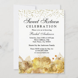 Vita och Guld Blommor Glitter Sweet 16 Inbjudan