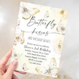 Vita och Guld Butterfly Kisses Birthday Inbjudningar