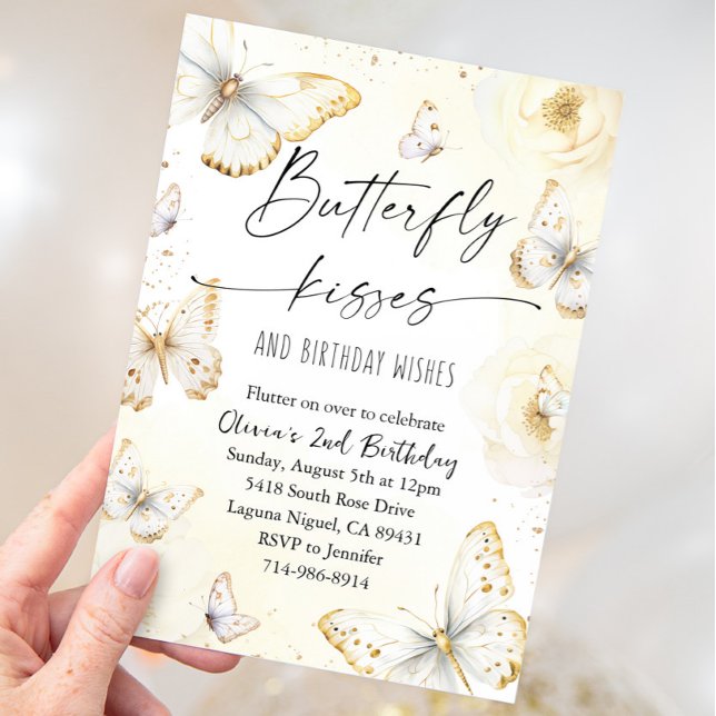 Vita och Guld Butterfly Kisses Birthday Inbjudningar (Skapare uppladdad)