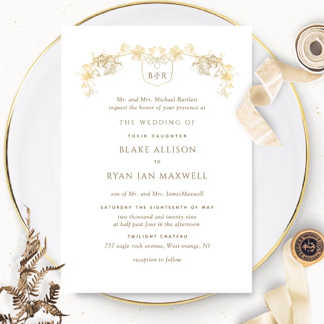 Vita och Guld Enchanting Monogram Formal Bröllop Inbjudningar (Skapare uppladdad)
