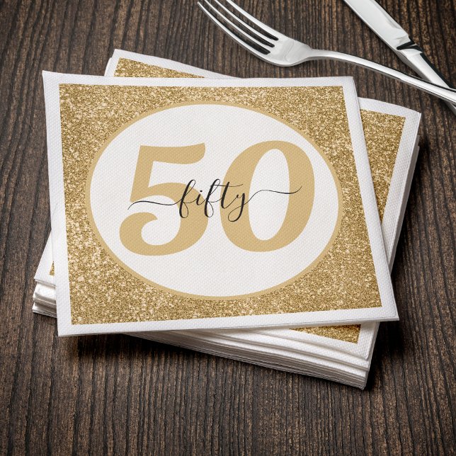 Vita och Guld Glitter 50 femtio år 50:e födelsedag Pappersservett (Skapare uppladdad)