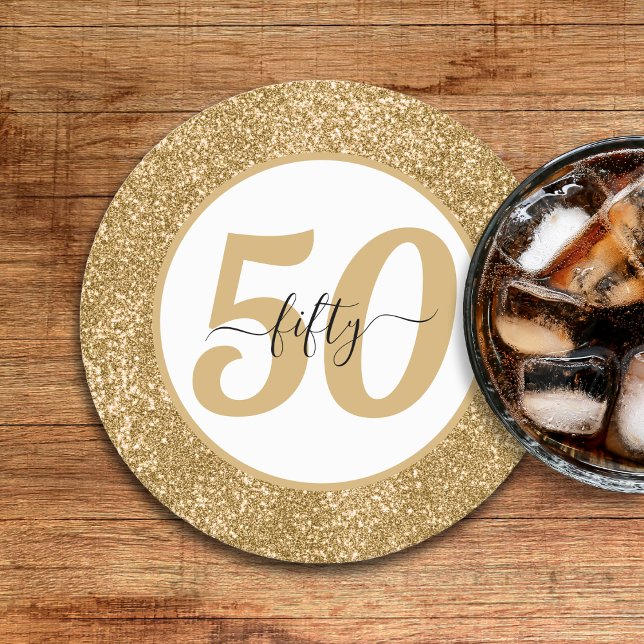 Vita och Guld Glitter 50 femtio år 50:e födelsedag Underlägg Papper Rund (White & Gold Glitter 50 Fifty Years 50th Birthday Round Paper Coaster
)