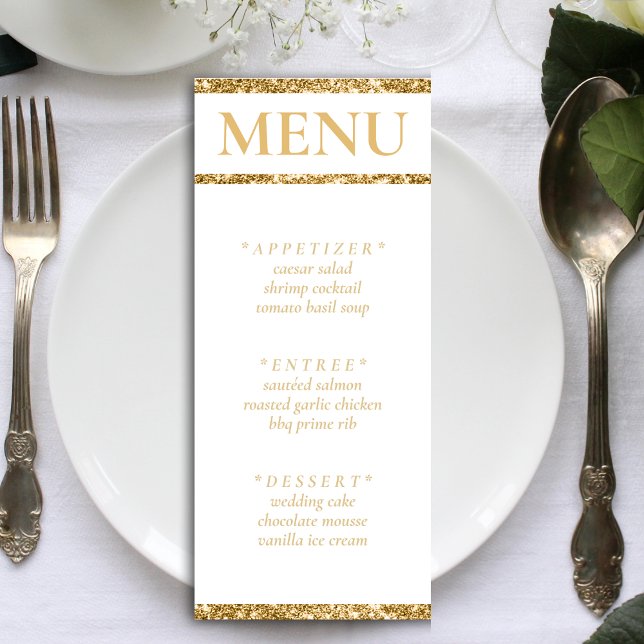 Vita och Guld Glitter bröllopsmottagning Meny (White & Gold Glitter Wedding Reception Menu)