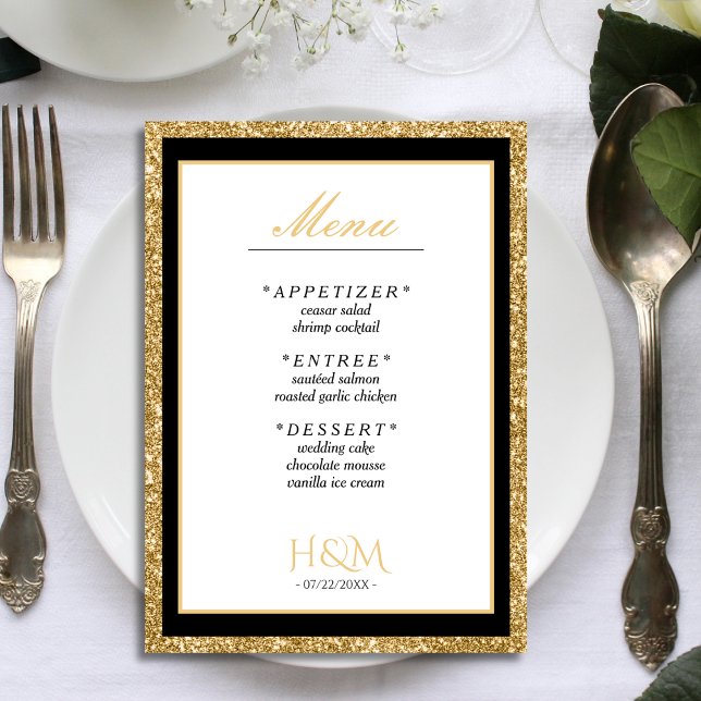 Vita och Guld Glitter, bröllopsmottagning Meny (black, white and gold glitter wedding menu)